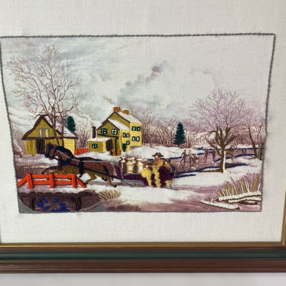 Vintage Crewel Needlepoint Folk Art Farmhouse Sleigh Ride Wall Art Picture - Picture 7 of 14